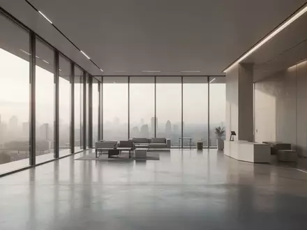 Ein minimalistischer, moderner Innenraum mit klaren Linien und hellem Tageslicht, das durch hohe Fenster in einen leeren Raum fällt. - Foto: über boerse-global.de