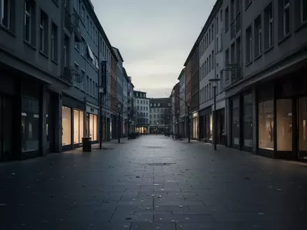 Eine menschenleere, abendlich beleuchtete Fußgängerzone mit dunklen Schaufenstern und einer melancholischen, ruhigen Atmosphäre. - Foto: über boerse-global.de