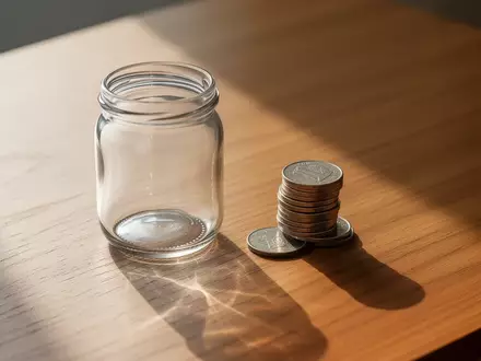 Ein leeres Glas und ein kleiner Stapel Münzen auf einem Holztisch bei natürlichem Morgenlicht. - Foto: über boerse-global.de