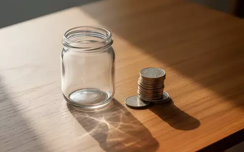 Ein leeres Glas und ein kleiner Stapel Münzen auf einem Holztisch bei natürlichem Morgenlicht. - Foto: über boerse-global.de