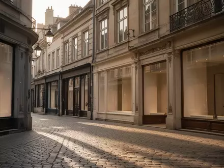Eine menschenleere historische Einkaufsstraße mit traditionellen Ladenfassaden im goldenen Licht der Abendsonne. - Foto: über boerse-global.de