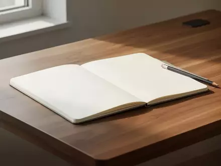 Ein minimalistischer Schreibtisch mit einem leeren Skizzenbuch und einem Bleistift bei natürlichem Lichteinfall. - Foto: über boerse-global.de