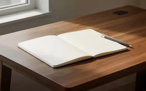 Ein minimalistischer Schreibtisch mit einem leeren Skizzenbuch und einem Bleistift bei natürlichem Lichteinfall. - Foto: über boerse-global.de
