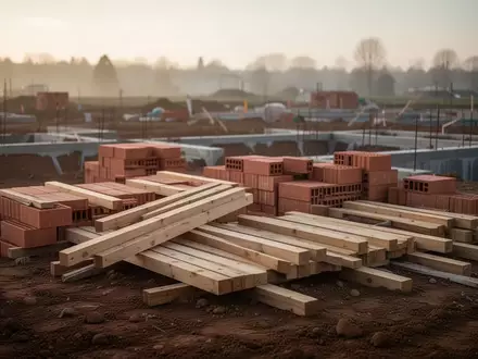 Baustelle für ein neues Wohnquartier mit aufgeschichteten Ziegeln und Baumaterialien in den frühen Morgenstunden. - Foto: über boerse-global.de