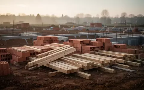 Baustelle fĂĽr ein neues Wohnquartier mit aufgeschichteten Ziegeln und Baumaterialien in den frĂĽhen Morgenstunden. - Foto: ĂĽber boerse-global.de