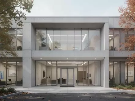 Modernes Verwaltungsgebäude in Rhode Island mit herbstlicher Bepflanzung vor dem Eingangsbereich. - Foto: über boerse-global.de