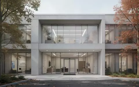 Modernes Verwaltungsgebäude in Rhode Island mit herbstlicher Bepflanzung vor dem Eingangsbereich. - Foto: über boerse-global.de