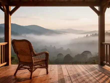 Ein leerer Korbsessel auf einer sonnendurchfluteten Veranda mit Blick auf eine friedliche Berglandschaft. - Foto: über boerse-global.de