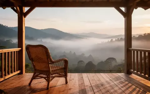Ein leerer Korbsessel auf einer sonnendurchfluteten Veranda mit Blick auf eine friedliche Berglandschaft. - Foto: über boerse-global.de