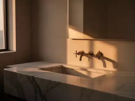 Minimalistisches Badezimmer in der Abenddämmerung mit sanftem Licht und klaren Strukturen. - Foto: über boerse-global.de