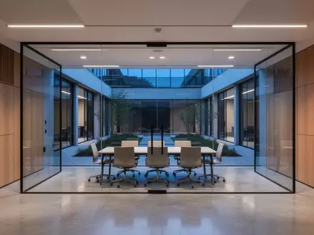 Ein minimalistisch gestalteter, leerer Konferenzraum mit Glaswänden und Blick in einen ruhigen Innenhof bei Dämmerung. - Foto: über boerse-global.de