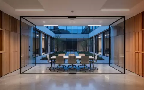Ein minimalistisch gestalteter, leerer Konferenzraum mit Glaswänden und Blick in einen ruhigen Innenhof bei Dämmerung. - Foto: über boerse-global.de