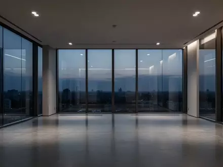 Ein minimalistisch gestalteter, leerer Büroraum mit großen Fensterfronten und Blick auf eine nächtliche Stadtlandschaft. - Foto: über boerse-global.de