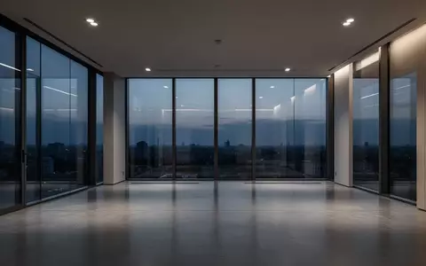 Ein minimalistisch gestalteter, leerer Büroraum mit großen Fensterfronten und Blick auf eine nächtliche Stadtlandschaft. - Foto: über boerse-global.de