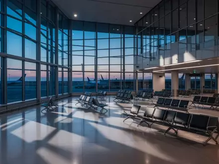 Ein minimalistischer, leerer Abflugbereich in einem modernen Flughafen mit großen Glasfronten und schlichten Sitzreihen bei Dämmerung. - Foto: über boerse-global.de