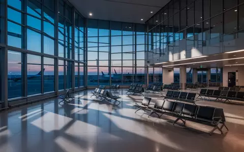Ein minimalistischer, leerer Abflugbereich in einem modernen Flughafen mit großen Glasfronten und schlichten Sitzreihen bei Dämmerung. - Foto: über boerse-global.de