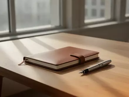 Ein minimalistischer Holzschreibtisch mit einem leeren Notizbuch und einem Füllfederhalter in hellem Tageslicht. - Foto: über boerse-global.de