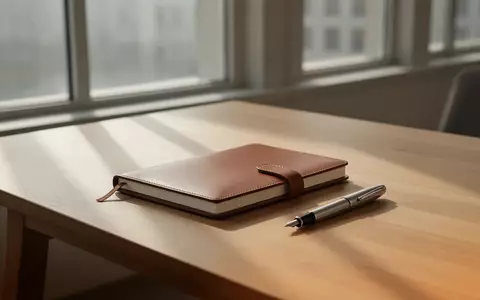 Ein minimalistischer Holzschreibtisch mit einem leeren Notizbuch und einem Füllfederhalter in hellem Tageslicht. - Foto: über boerse-global.de