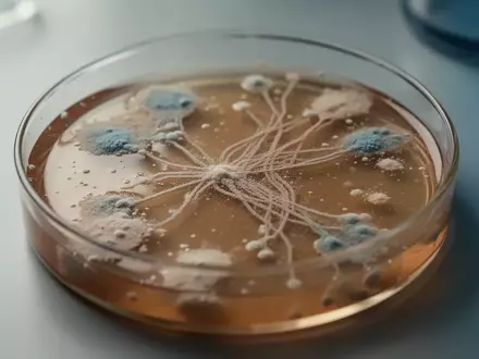 Nahaufnahme einer Laborschale mit mikrobiellen Kulturen und abstrakten biologischen Strukturen auf einem Labortisch. - Foto: über boerse-global.de