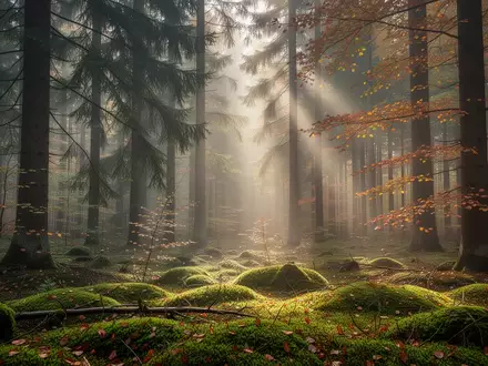 Ein nebliger Nadelwald in Thüringen mit einfallendem Sonnenlicht und einem mit Moos bewachsenen Waldboden. - Foto: über boerse-global.de