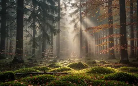 Ein nebliger Nadelwald in Thüringen mit einfallendem Sonnenlicht und einem mit Moos bewachsenen Waldboden. - Foto: über boerse-global.de