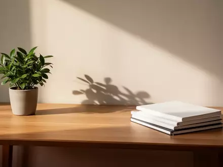 Ein minimalistischer, aufgeräumter Arbeitsplatz mit einer Pflanze und leeren Notizbüchern in hellem Tageslicht. - Foto: über boerse-global.de