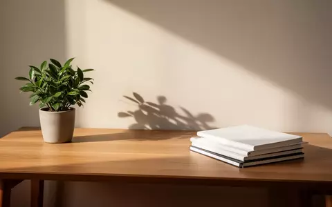 Ein minimalistischer, aufgeräumter Arbeitsplatz mit einer Pflanze und leeren Notizbüchern in hellem Tageslicht. - Foto: über boerse-global.de