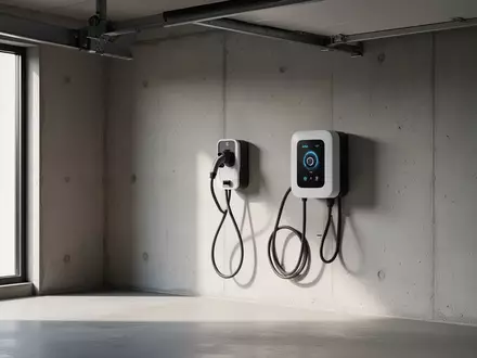 Eine moderne, minimalistische Ladestation für Elektrofahrzeuge an einer schlichten Betonwand in einer Garage. - Foto: über boerse-global.de