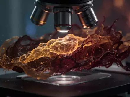 Nahaufnahme von biologischem Gewebe unter einem Mikroskop in bernsteinfarbenen und dunkelroten Tönen - Foto: über boerse-global.de