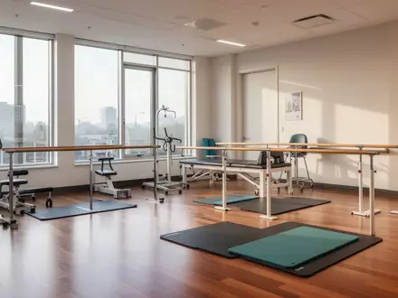 Ein heller, leerer Therapieraum in einer modernen Rehabilitationsklinik mit medizinischen Geräten und großen Fensterfronten. - Foto: über boerse-global.de