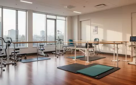 Ein heller, leerer Therapieraum in einer modernen Rehabilitationsklinik mit medizinischen Geräten und großen Fensterfronten. - Foto: über boerse-global.de