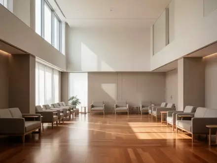 Ein heller, minimalistischer und leerer Raum in einer Rehabilitationseinrichtung mit sanftem Tageslicht und Holzfußboden. - Foto: über boerse-global.de
