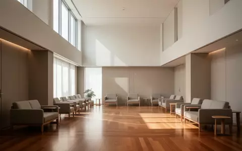 Ein heller, minimalistischer und leerer Raum in einer Rehabilitationseinrichtung mit sanftem Tageslicht und Holzfußboden. - Foto: über boerse-global.de