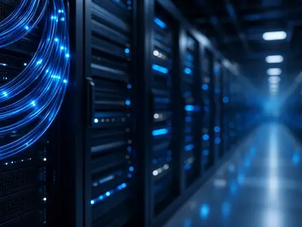 Moderne Serverarchitektur in einem Rechenzentrum mit leuchtenden Glasfaserkabeln und Fokus auf technologische Infrastruktur. - Foto: über boerse-global.de
