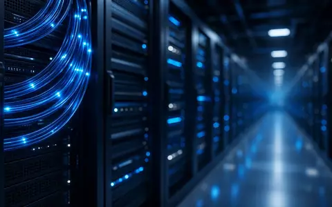 Moderne Serverarchitektur in einem Rechenzentrum mit leuchtenden Glasfaserkabeln und Fokus auf technologische Infrastruktur. - Foto: über boerse-global.de