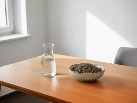 Ein minimalistischer Behandlungsraum in einer Arztpraxis mit einem Holztisch, einer Wasserkaraffe und einer Schale mit Heilkräutern bei natürlichem Lichteinfall. - Foto: über boerse-global.de