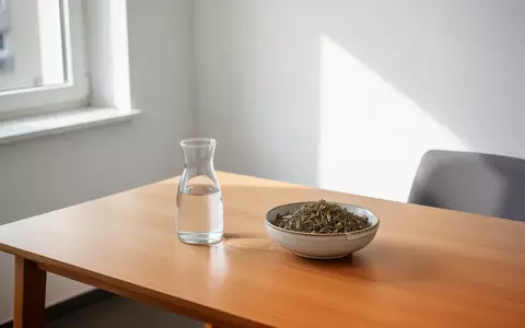 Ein minimalistischer Behandlungsraum in einer Arztpraxis mit einem Holztisch, einer Wasserkaraffe und einer Schale mit Heilkräutern bei natürlichem Lichteinfall. - Foto: über boerse-global.de