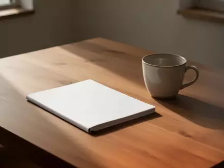 Ein leerer, aufgeräumter Schreibtisch mit einem Notizbuch und einer Tasse in ruhigem, natürlichem Licht. - Foto: über boerse-global.de