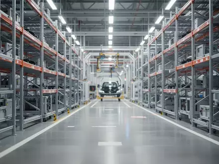 Eine moderne, hochmoderne Automobilfertigungshalle mit Regalsystemen und Sicherheitsmarkierungen auf dem Boden. - Foto: über boerse-global.de