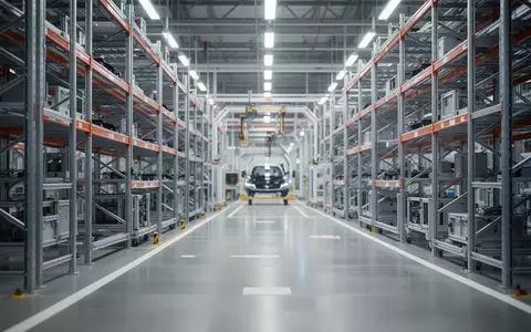 Eine moderne, hochmoderne Automobilfertigungshalle mit Regalsystemen und Sicherheitsmarkierungen auf dem Boden. - Foto: über boerse-global.de