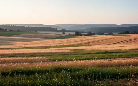 Weite, hĂŒgelige Agrarlandschaft in Hessen bei Sonnenaufgang mit Feldern und Wiesen. - Foto: ĂŒber boerse-global.de