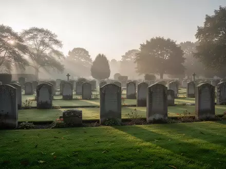 Ein ruhiger, gepflegter Friedhof mit alten Grabsteinen auf einer grünen Rasenfläche im sanften Morgenlicht. - Foto: über boerse-global.de