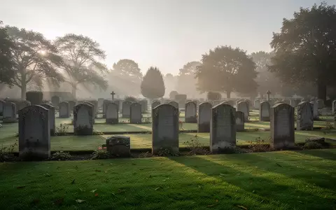 Ein ruhiger, gepflegter Friedhof mit alten Grabsteinen auf einer grünen Rasenfläche im sanften Morgenlicht. - Foto: über boerse-global.de