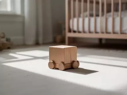Ein einzelner Holzspielklotz liegt in einem sonnendurchfluteten, ruhigen Kinderzimmer auf dem Boden. - Foto: über boerse-global.de