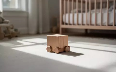 Ein einzelner Holzspielklotz liegt in einem sonnendurchfluteten, ruhigen Kinderzimmer auf dem Boden. - Foto: über boerse-global.de
