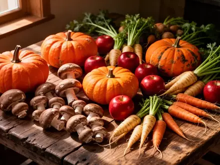 Eine Auswahl an frischem Herbstgemüse wie Kürbisse, Pilze und Wurzelgemüse auf einem rustikalen Holztisch. - Foto: über boerse-global.de