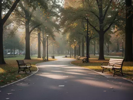 Ein leerer, asphaltierter Weg in einem herbstlichen Stadtpark mit Bäumen und Parkbänken am Morgen. - Foto: über boerse-global.de
