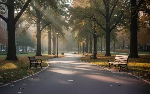 Ein leerer, asphaltierter Weg in einem herbstlichen Stadtpark mit Bäumen und Parkbänken am Morgen. - Foto: über boerse-global.de