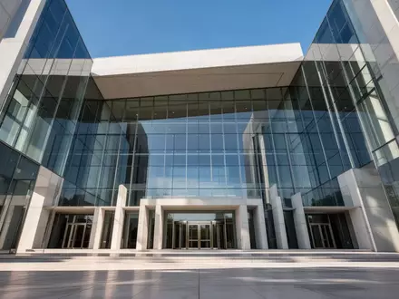 Moderne Fassade eines Gerichtsgebäudes aus Glas und Beton unter blauem Himmel - Foto: über boerse-global.de