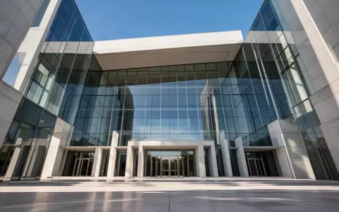 Moderne Fassade eines Gerichtsgebäudes aus Glas und Beton unter blauem Himmel - Foto: über boerse-global.de
